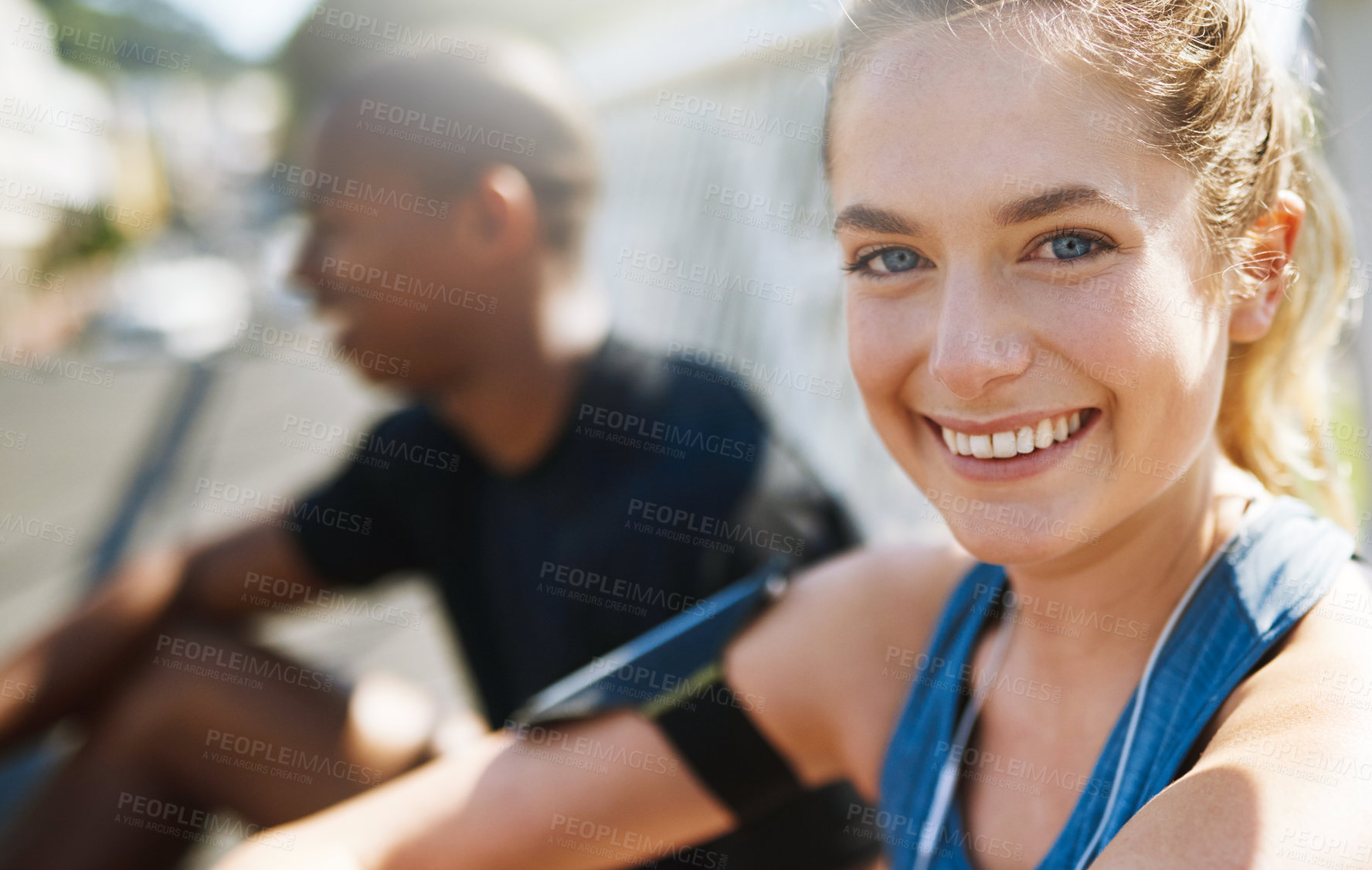 Buy stock photo Fitness, woman and happy with portrait in city for outdoor workout, wellness and exercise break. Smile, face and athlete with man in street of urban town for morning run, rest and training together