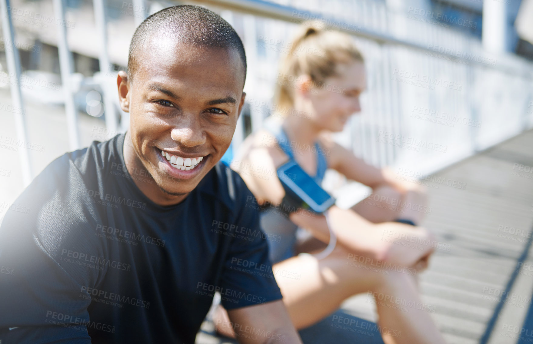 Buy stock photo Fitness, people and portrait with resting in city for morning jog, marathon training and happy with cardio exercise. Runner, athlete and relax on bridge for competition workout, exhausted and break