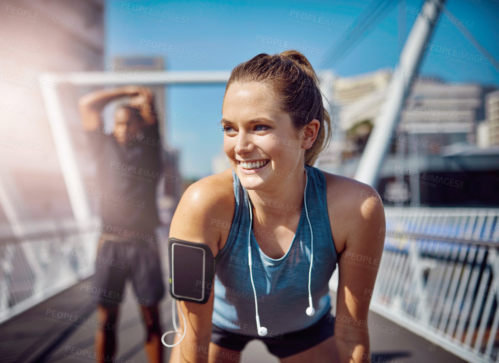 Buy stock photo Woman, break and outdoor for fitness, running and urban town for thinking on sports training. Female person, city and athlete on street for exercise, marathon inspiration and workout rest on road