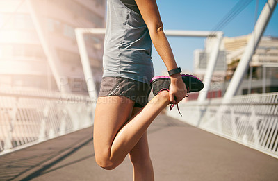 Buy stock photo Hands, runner and stretching legs on bridge with warm up for muscle, health and start training in city. Person, outdoor and ready in metro for exercise, fitness and workout for wellness in Germany