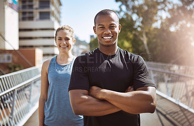 Buy stock photo Fitness coach, man and woman in city for portrait, arms crossed or happy for workout on bridge in morning. Personal trainer, client and smile together for training, exercise and excited in metro town