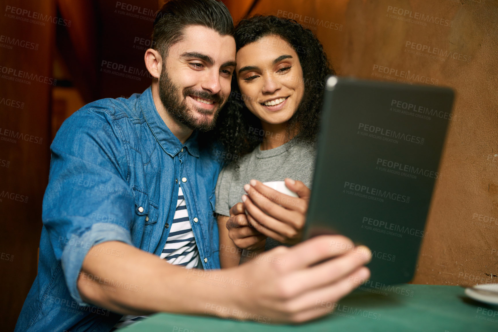 Buy stock photo Date, selfie and smile with couple in restaurant together for bonding, memory or photograph. Love, romance or tablet with happy man and woman at table for anniversary, celebration or milestone