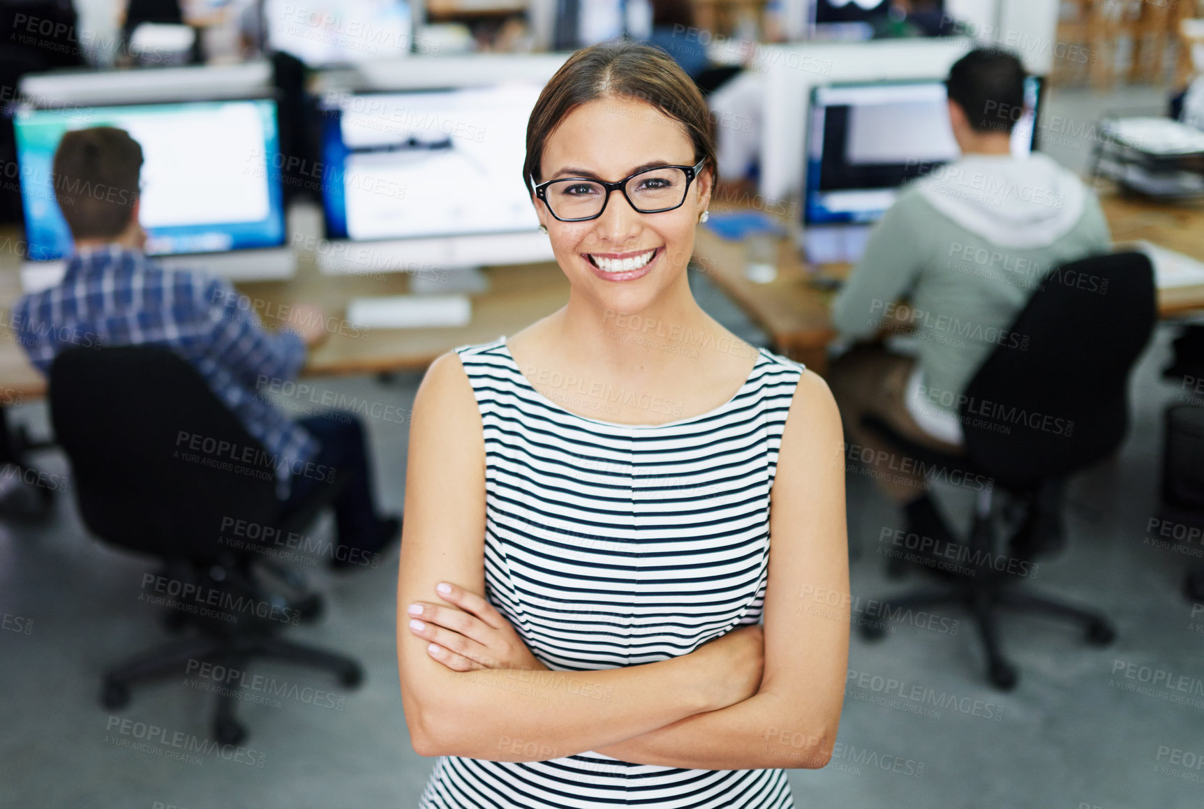 Buy stock photo Portrait, arms crossed and woman with glasses, smile and proud of startup, coworking and internship. Creative, graphic designer and girl with confidence, vision and happy with screen of computer