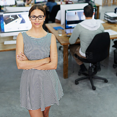 Buy stock photo Portrait, arms crossed and woman with vision, office and proud of startup, coworking and internship. Creative, graphic designer and girl with confidence, glasses and happy with screen of computer