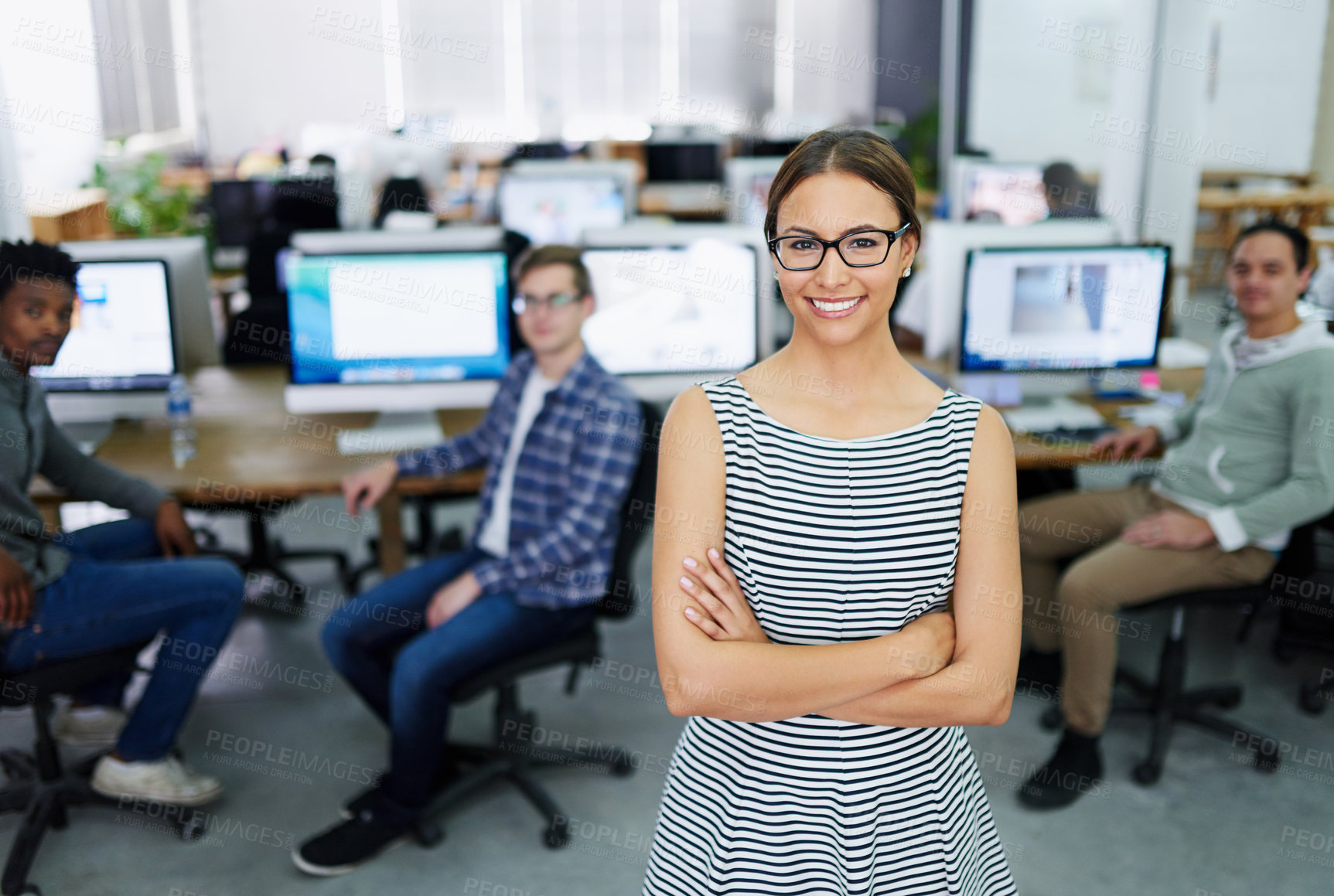 Buy stock photo Portrait, arms crossed and woman with smile, leader and proud of startup, colleagues and internship. Creative, graphic designer and girl with confidence, glasses and happy with vision for business