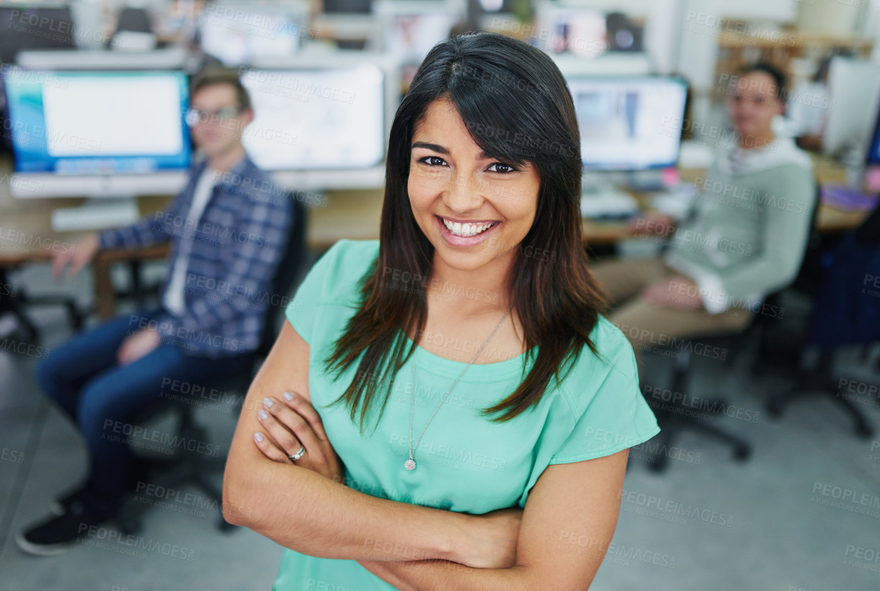 Buy stock photo Portrait, arms crossed and woman in office, business and proud with smile, coworking and internship. Creative, graphic designer and opportunity in agency, happy and confidence of person in startup