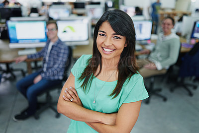 Buy stock photo Portrait, arms crossed and employee with smile, intern and woman in office, coworking and business. Creative, graphic designer and opportunity in agency, happy and confidence of person in startup