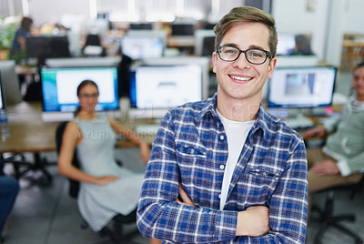 Buy stock photo Portrait, arms crossed and man in office, glasses and employee with smile, coworking and business. Creative, graphic designer and opportunity for intern, happy and confidence of person in startup