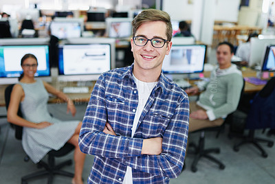 Buy stock photo Portrait, arms crossed and man with smile, glasses and employee in office, coworking and business. Creative, graphic designer and opportunity for intern, happy and confidence of person in startup