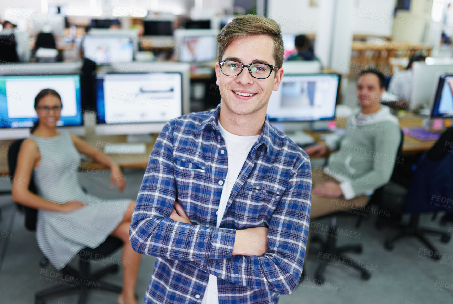 Buy stock photo Portrait, arms crossed and man with smile, glasses and employee in office, coworking and business. Creative, graphic designer and opportunity for intern, happy and confidence of person in startup