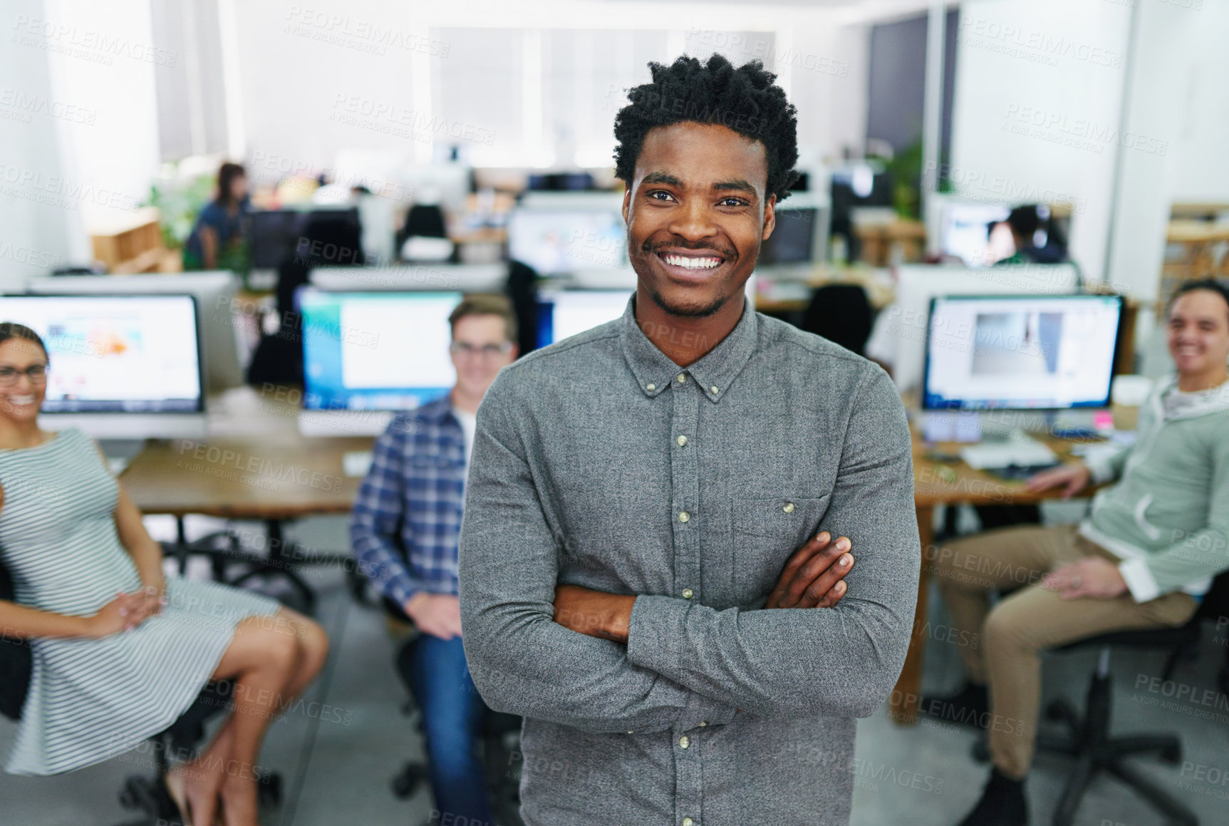 Buy stock photo Portrait, arms crossed and black man with smile, proud and employee in office, coworking and business. Creative, graphic designer and opportunity to learn for intern, confident and person in startup