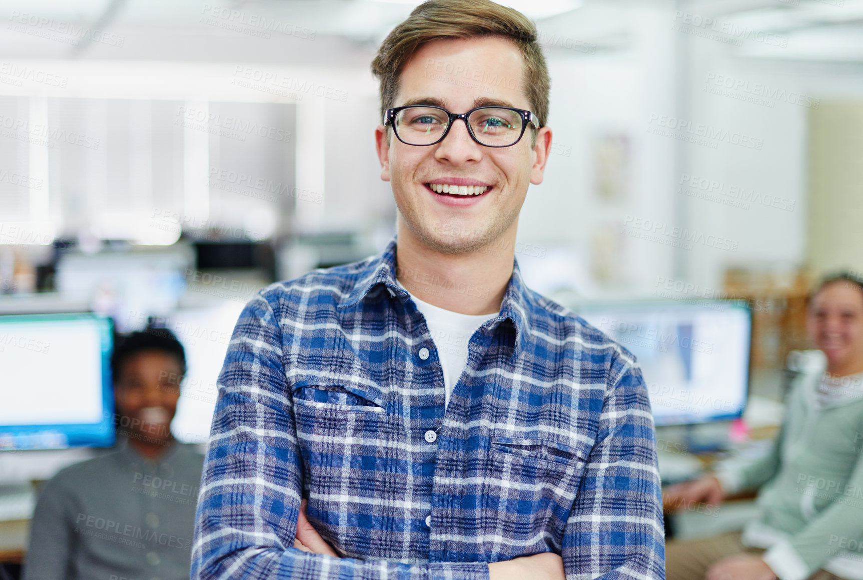 Buy stock photo Crossed arms, portrait or happy man in startup or office for project development, testing pc or company. Tech, confident programmer or proud web designer with smile in creative agency, or business