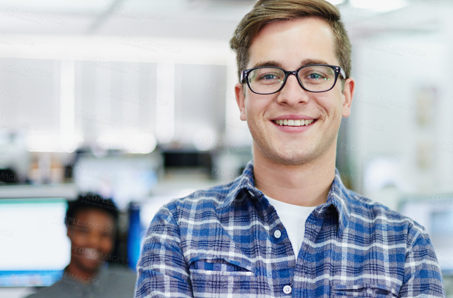 Buy stock photo Confident, portrait or happy man in startup or office for project development, testing pc and company. Face, programmer and proud web designer with smile in creative agency or technology business