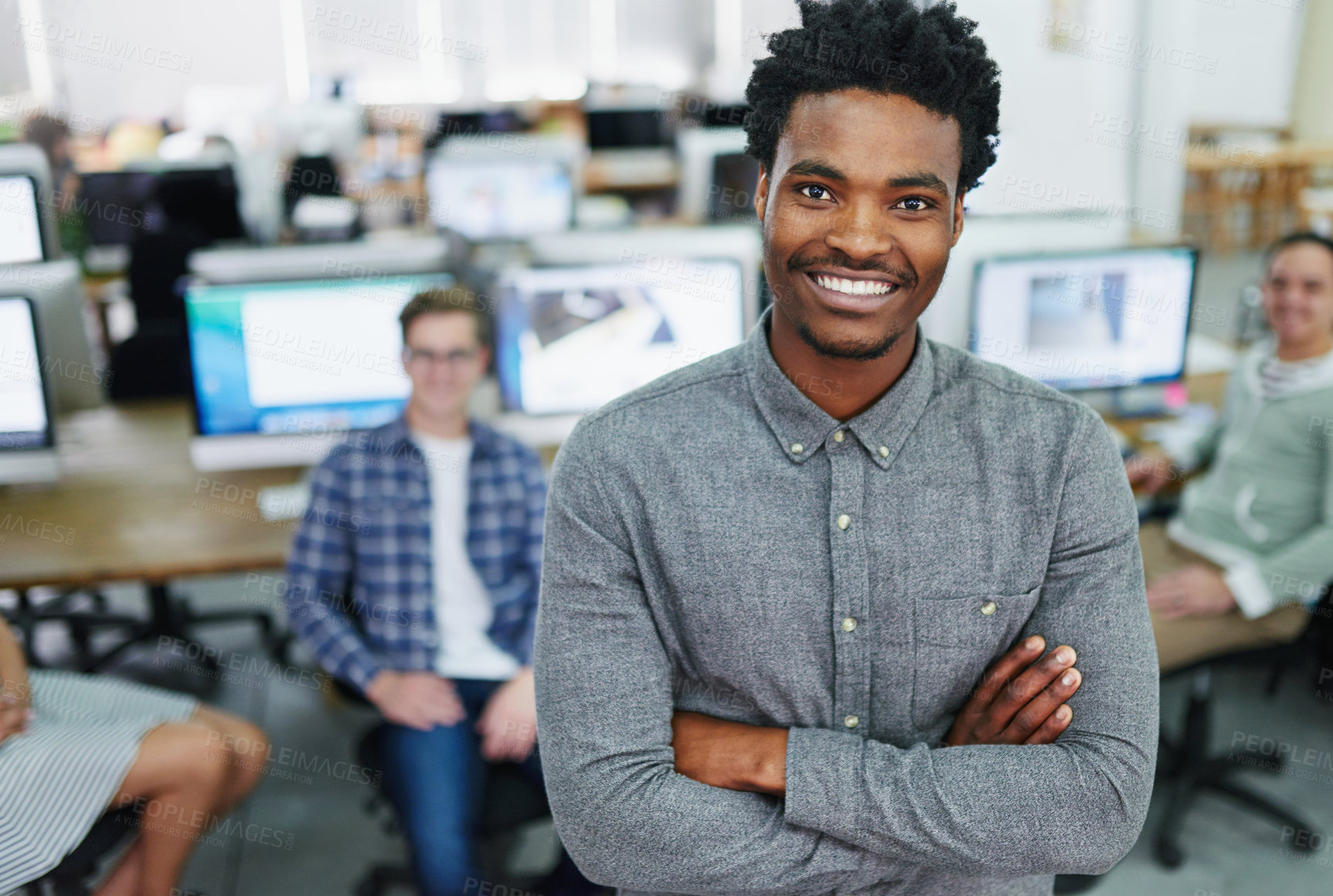 Buy stock photo Portrait, arms crossed and business people with teamwork, pc and happiness for project leader. Face, employees and consultant with pride, confidence and computer with internet, cooperation and smile