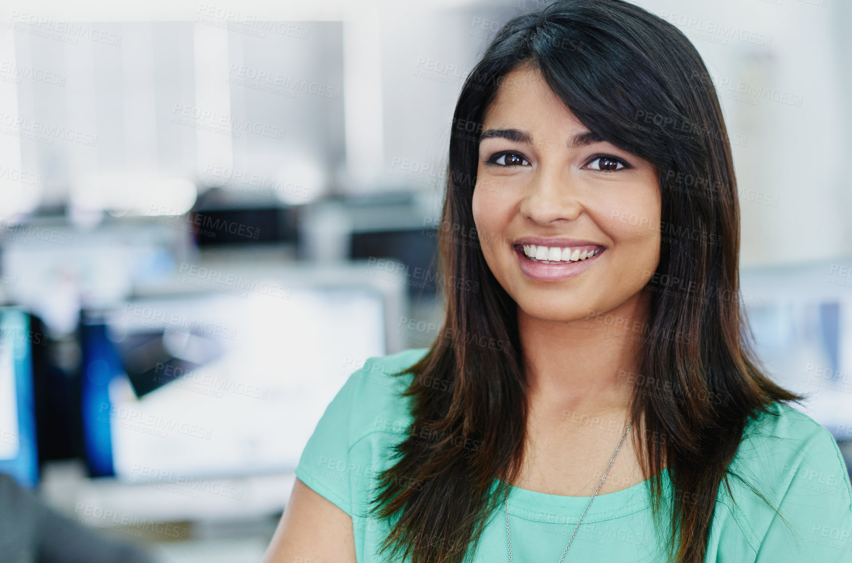 Buy stock photo Business woman, happy and portrait by computer for news reporter and journalist at publication agency. Creative, worker and confidence of writer job and press ready for working and story research