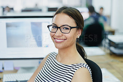 Buy stock photo Woman, portrait and creative office with secretary, start up and business administrator with administration skills. Happy, receptionist and smile in workplace, professional and confident in career