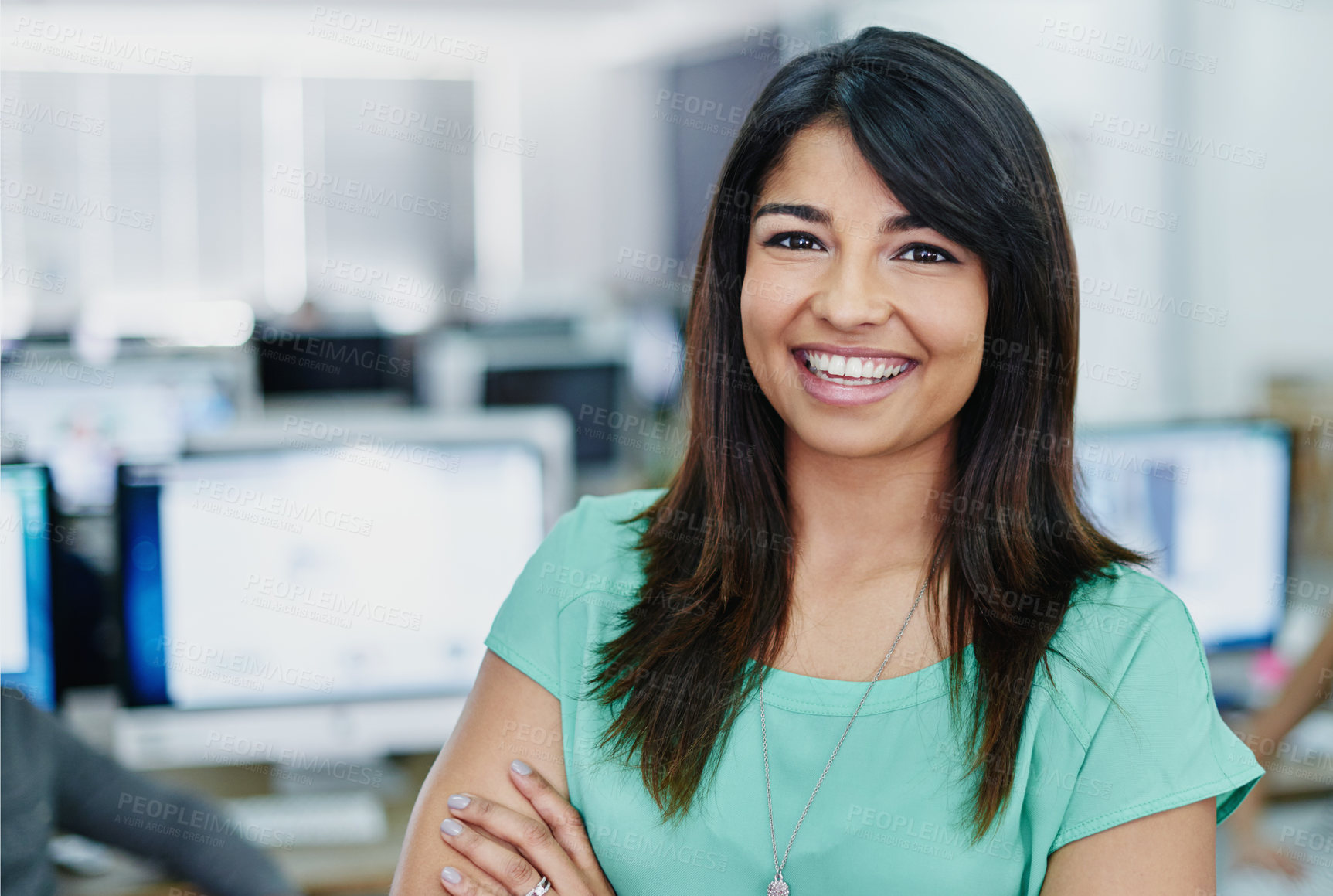 Buy stock photo Business woman, office and happy portrait by computer for news reporter and journalist at publication agency. Creative, worker and confidence of writer job and press ready for working and story