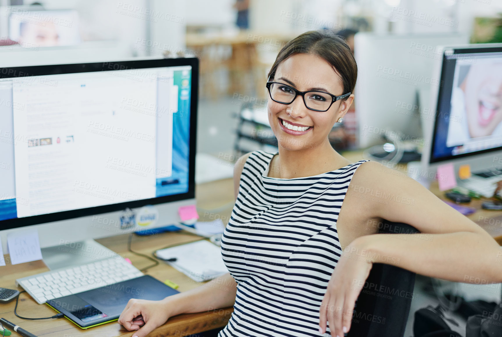 Buy stock photo Woman, portrait and creative office with receptionist, start up and business administrator with administration skills. Happy, secretary and smile in workplace, professional and confident in career