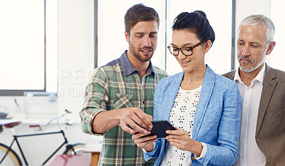 Buy stock photo Group, tablet and creative business people planning, discussion or brainstorming ideas in startup. Team, technology or happy manager in meeting for working on project with journalist for news article