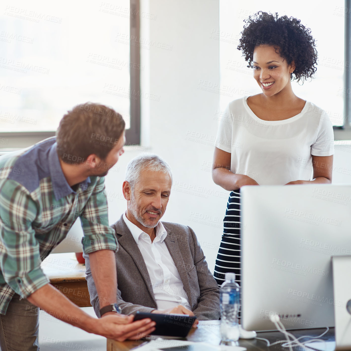 Buy stock photo People, group and meeting with tablet in office for creative planning, teamwork and discussion for ideas of project. Diversity, employees and digital with computer for research information of startup