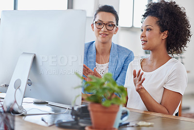 Buy stock photo Female people, coworker and computer in office for brainstorming, project or colleague as web designer. Women, technology and discussion for communication, teamwork or collaboration in digital agency