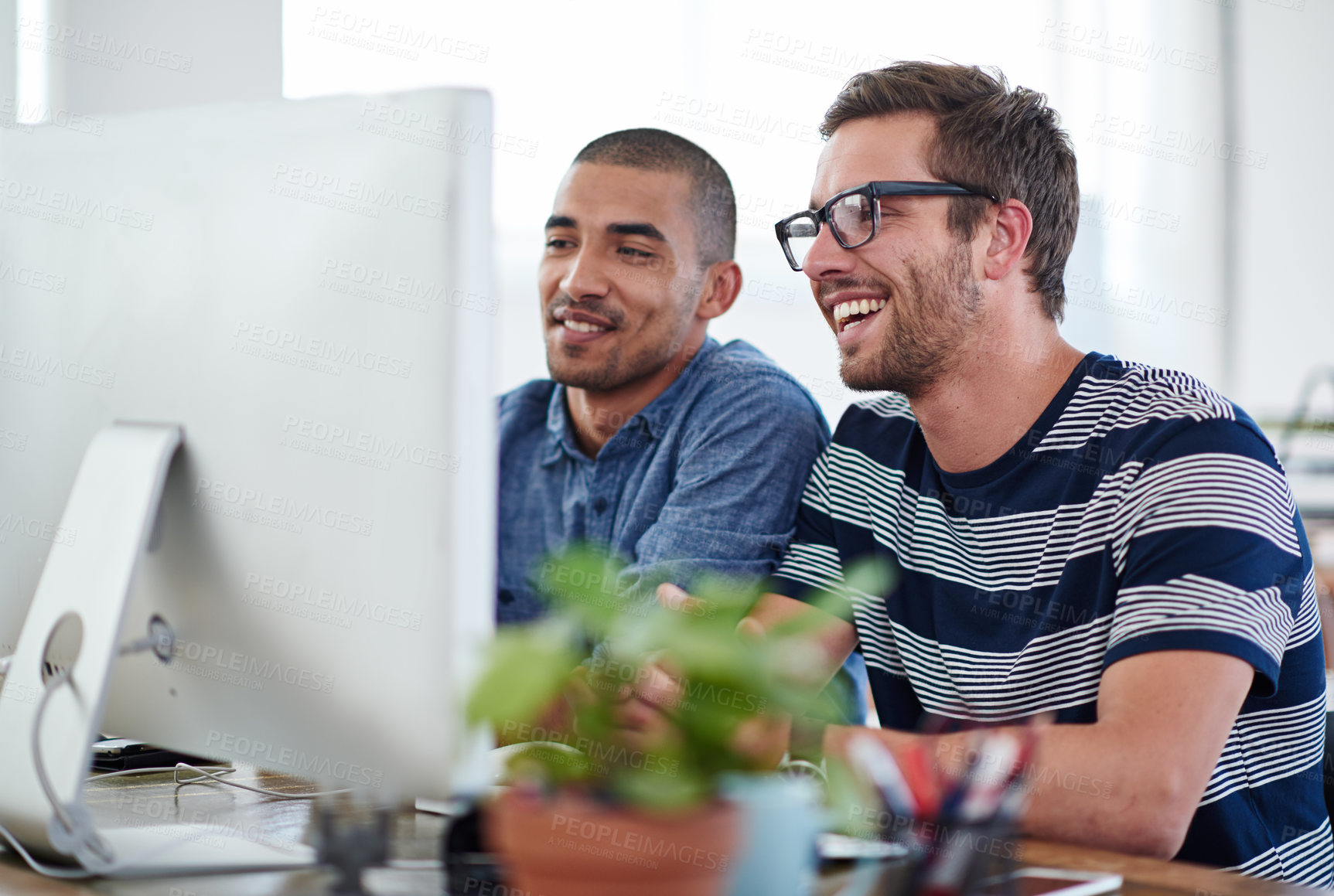 Buy stock photo Happy, men and reading on computer in office for creative planning, teamwork and feedback of project. Smile, people and pc to review email, information and web design report for startup development