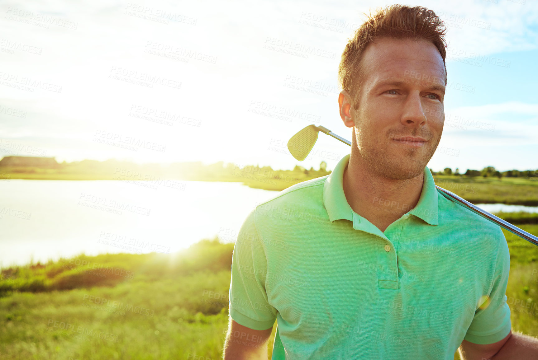 Buy stock photo Golf course, man and think with club by lake, game reflection and move visualization for shot idea. Planning, terrain assessment and person with flare for practice, outdoor space and decision making