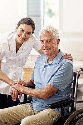 Buy stock photo Portrait, nurse and disabled man in wheelchair, medical wellness and support in nursing home. Happy caregiver help disability patient, senior healthcare and smile for empathy in rehabilitation clinic