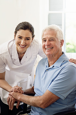 Buy stock photo Portrait, nurse and man in wheelchair with a disability, medical wellness and support in nursing home. Happy caregiver caring for senior patient with chronic health condition in rehabilitation clinic