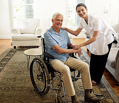 Buy stock photo Nursing home, portrait and disabled man in wheelchair, medical wellness and support of nurse. Happy caregiver help disability patient, senior healthcare and smile for empathy in rehabilitation clinic