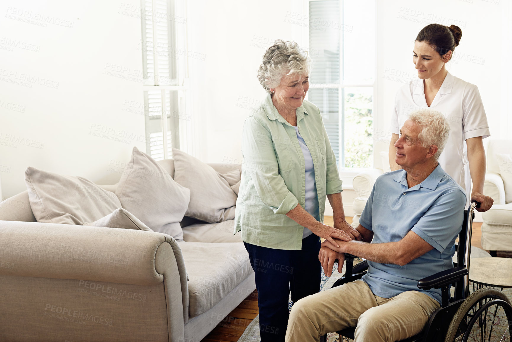 Buy stock photo Volunteer, help and old couple with wheelchair, caregiver at nursing home for person with a disability and rehabilitation. Healthcare, clinic and senior patient with nurse together retirement service