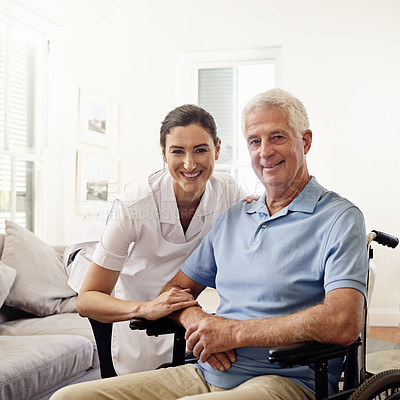 Buy stock photo Portrait, caregiver and senior man in wheelchair for medical disability, wellness or support in nursing home. Happy nurse helping disabled patient, elderly and healthcare empathy for rehabilitation 