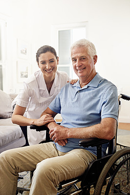 Buy stock photo Portrait, nurse and man with disability in wheelchair for medical trust, wellness and support in nursing home. Happy caregiver helping senior patient with chronic health condition in rehabilitation 