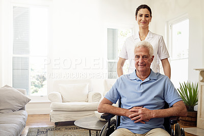 Buy stock photo Nursing, portrait and disabled man in wheelchair, medical wellness or homecare support on mockup. Nurse help disability patient, senior healthcare and trust empathy service for elderly rehabilitation