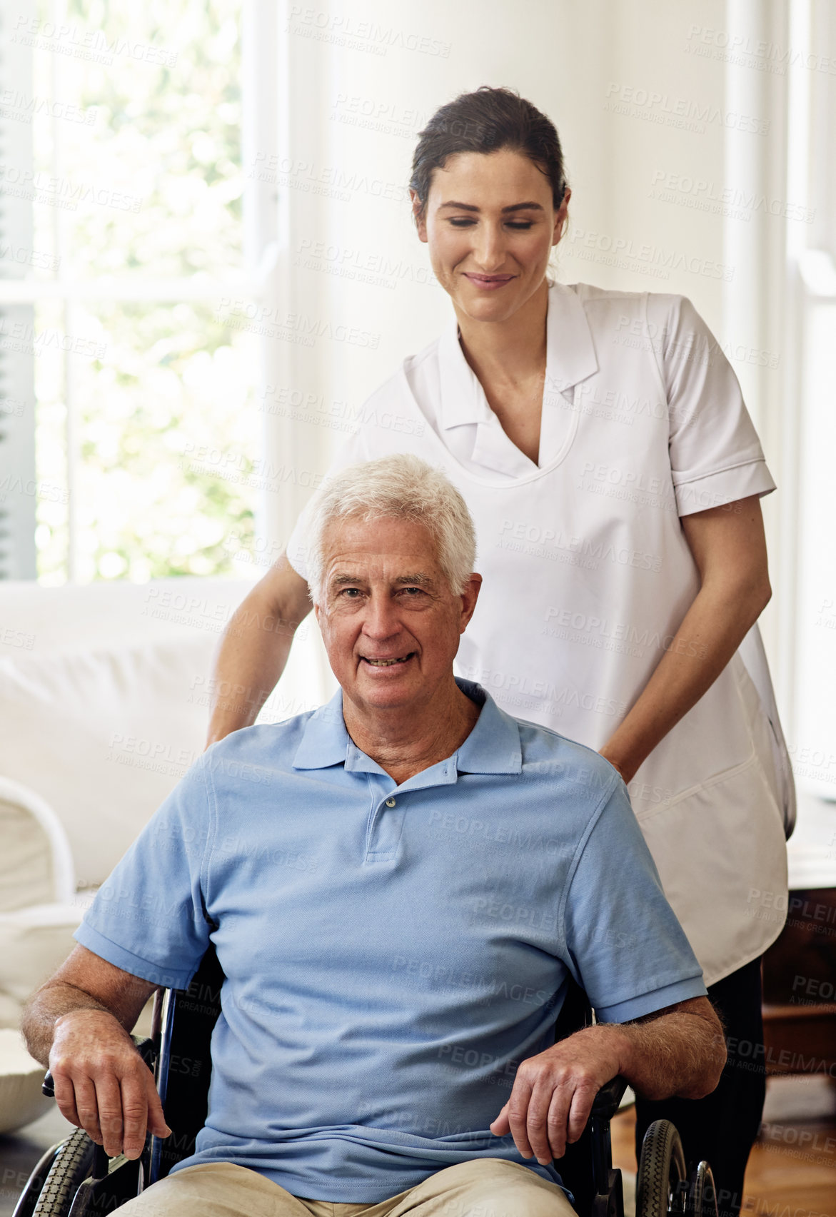 Buy stock photo Nurse helping man with disability in wheelchair for medical trust, wellness and support in nursing home. Caregiver, senior patient and therapy service for healthcare, rehabilitation and therapist 