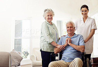 Buy stock photo Portrait of old man in wheelchair, elderly couple with nurse and smile at nursing home for care and rehabilitation. Healthcare, disability and happy senior with caregiver and woman in living room.