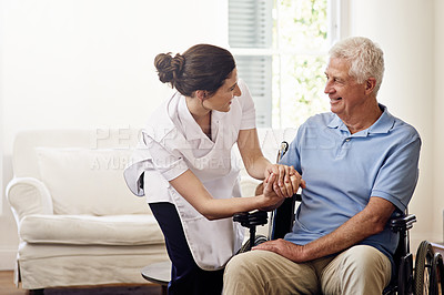 Buy stock photo Nurse helping disabled man in wheelchair for medical trust, wellness and support in nursing home. Happy caregiver, senior patient and disability service for healthcare, rehabilitation and mockup aid