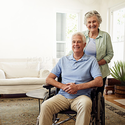 Buy stock photo Wheelchair, smile and portrait of senior couple at home for marriage, disability care and helping on weekend. Retirement, health and happy elderly woman and man in house for relax, support and love