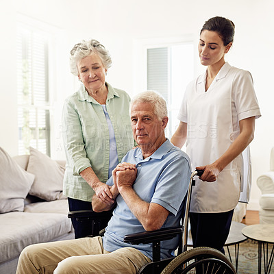 Buy stock photo Portrait of old man in wheelchair with wife and caregiver at nursing home for disability and rehabilitation. Healthcare, recovery and senior couple with nurse together in house or retirement center.