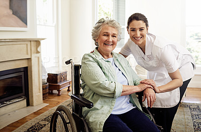 Buy stock photo Portrait of a caregiver with a senior woman in a wheelchair at home