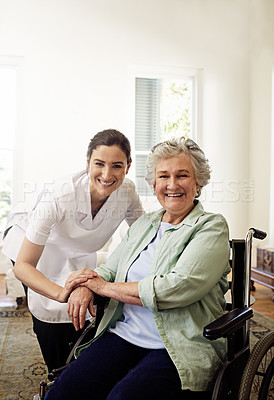 Buy stock photo Nurse, portrait and helping disabled woman in wheelchair for medical trust, wellness and support in nursing home. Happy senior patient and disability service for rehabilitation healthcare with mockup