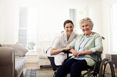 Buy stock photo Nurse, portrait and woman disability in wheelchair, medical wellness or homecare support. Caregiver helping disabled patient, senior healthcare and service of elderly rehabilitation  with mockup