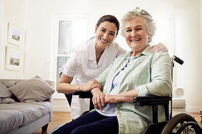 Buy stock photo Portrait, caregiver and woman in wheelchair for medical disability, wellness or support in nursing home. Happy nurse caring for disabled patient, senior or elderly healthcare in rehabilitation clinic