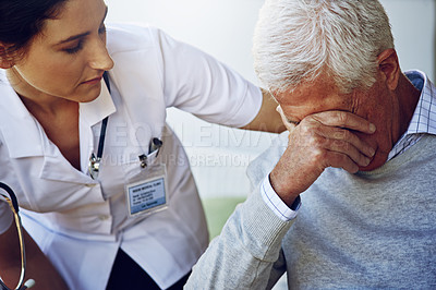 Buy stock photo Doctor help sad senior man for support, healthcare and counselling in retirement home. Depressed, old and elderly patient with nurse, crying and empathy for depression, psychology problem and anxiety