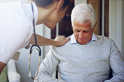 Buy stock photo Nurse comfort depressed senior man for support, healthcare and counselling in retirement home. Sad, old and elderly patient with caregiver, crying and empathy for depression, lonely problem and worry
