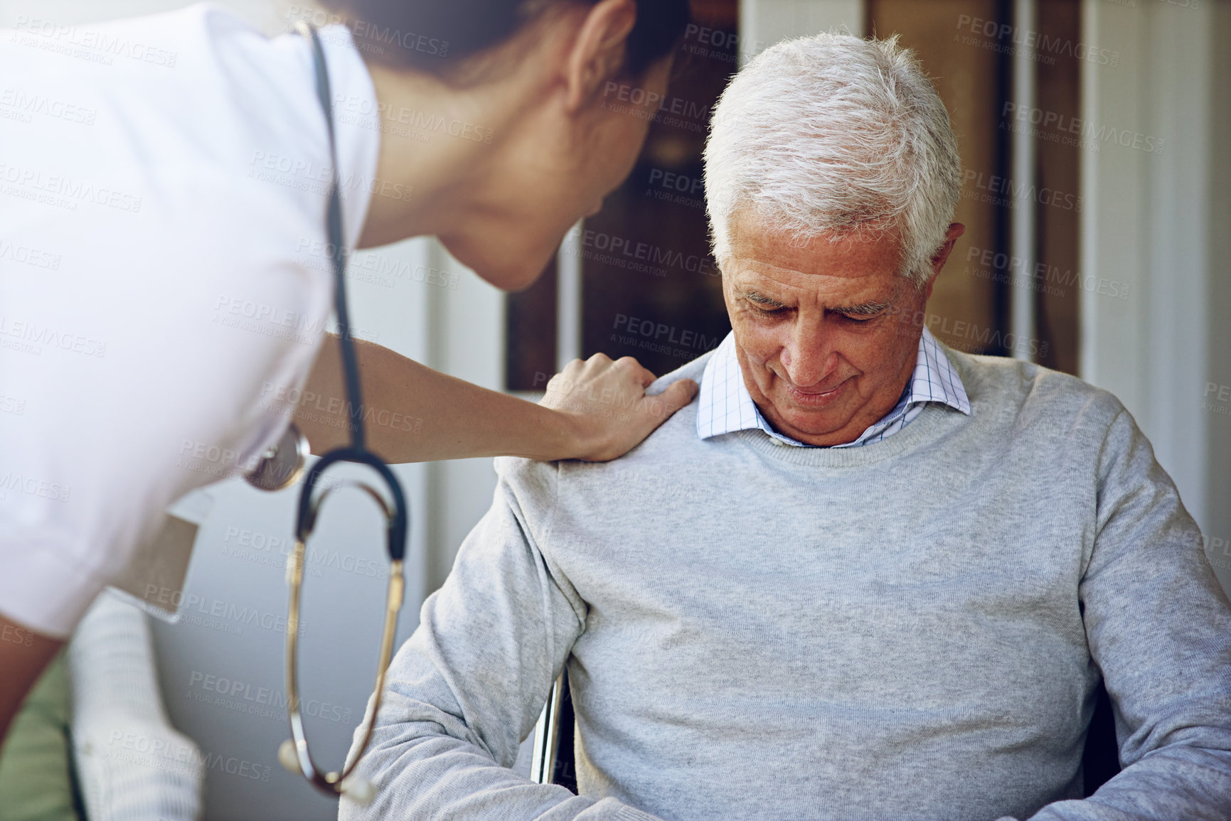 Buy stock photo Nurse comfort depressed senior man for support, healthcare and counselling in retirement home. Sad, old and elderly patient with caregiver, crying and empathy for depression, lonely problem and worry