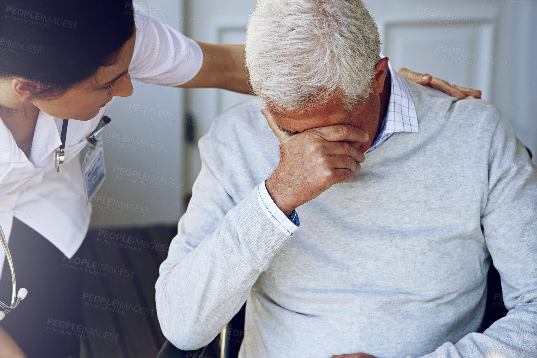 Buy stock photo Nurse help depressed senior man for support, healthcare and counselling in retirement home. Sad, old and elderly patient with caregiver, crying and empathy for depression, lonely problem and sickness