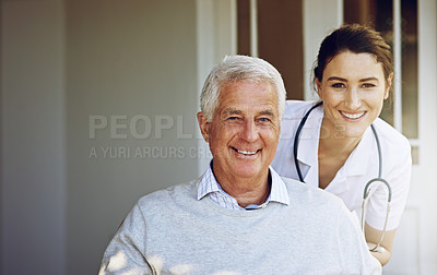 Buy stock photo Portrait, smile and old man in wheelchair with caregiver at nursing home for disability and rehabilitation. Healthcare, disability and happy senior with nurse together in house or retirement center.