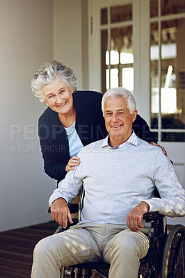 Buy stock photo Wheelchair, happy and portrait of senior couple enjoy weekend, quality time and bonding on patio. Retirement home, disability and elderly man and woman smile for relaxing, marriage trust and love
