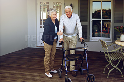 Buy stock photo Home, retirement and happy senior couple with walking cane enjoy weekend, quality time and bonding on patio. Marriage, love and elderly man and woman smile for healthy lifestyle, wellness and relax 